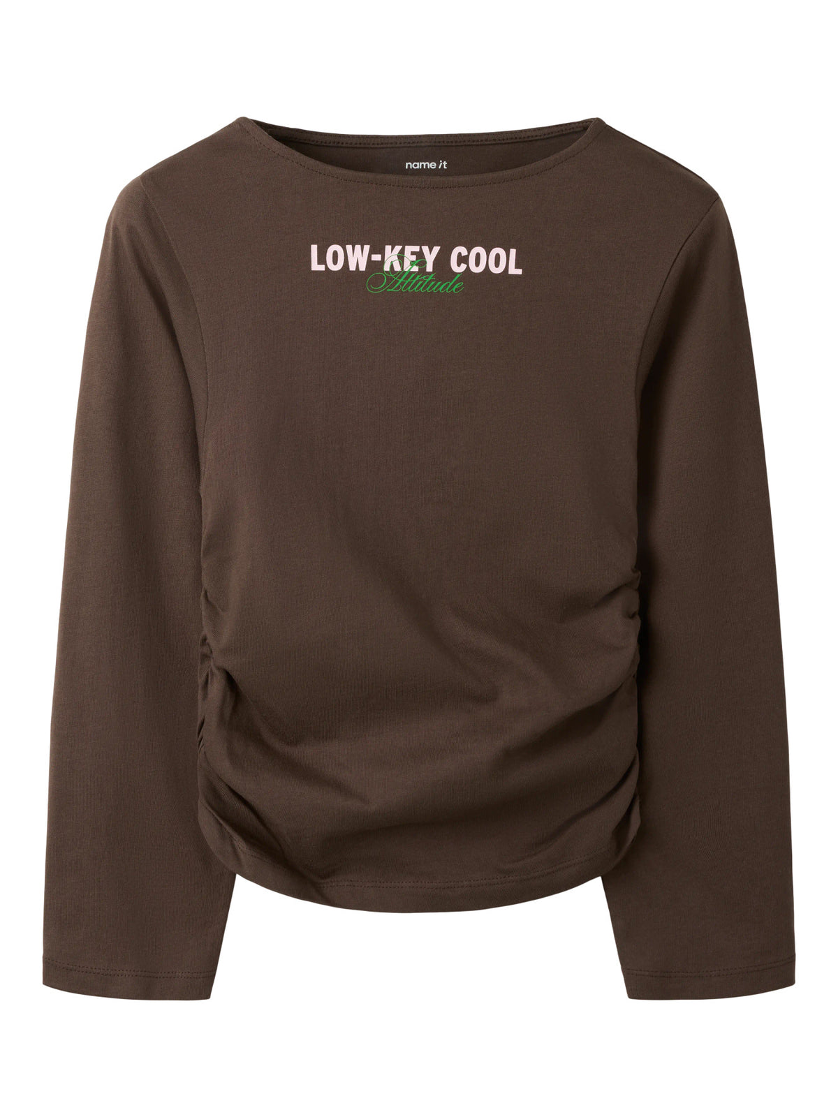 Name It Nabella långärmad topp för flicka kids Chocolate Brown med rynkdetalj och textprint – 13265073