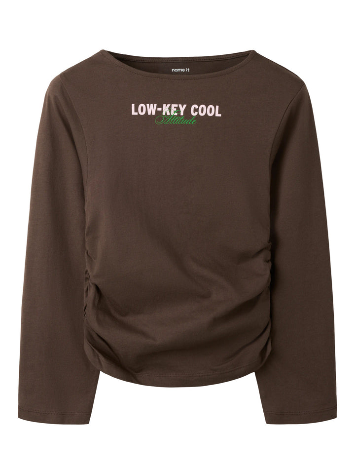 Name It Nabella långärmad topp för flicka kids Chocolate Brown med rynkdetalj och textprint – 13265073