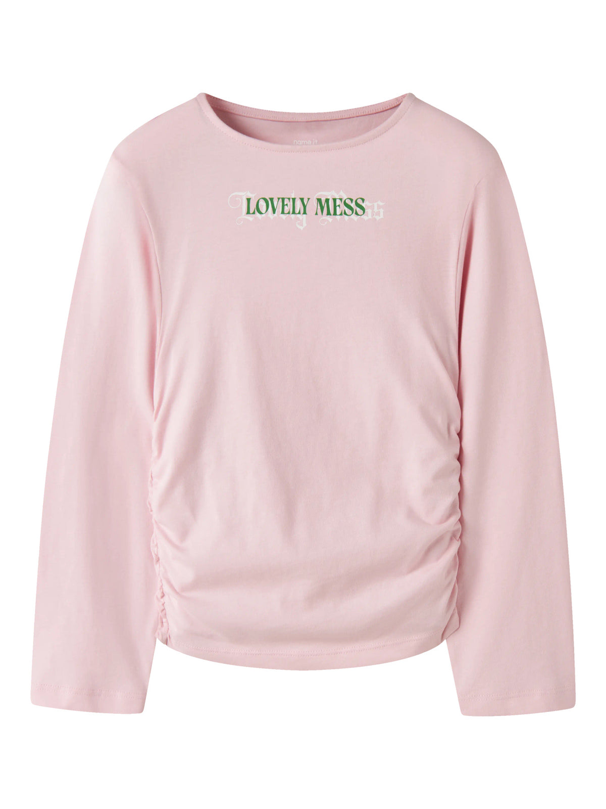 Name It Nabella långärmad topp för flicka kids Parfait Pink med rynkdetalj och textprint – 13265073