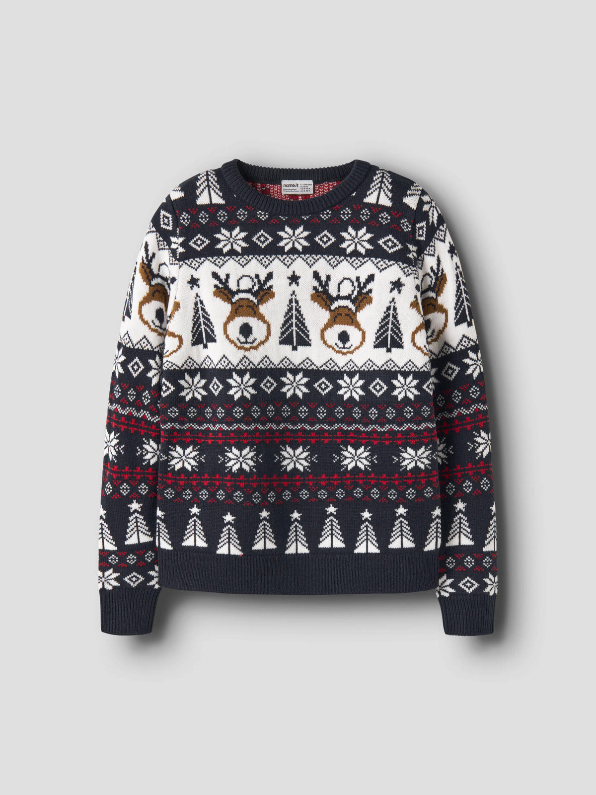 Name It Rismas stickad jultröja barn unisex marinblå med renar granar och snöflingor