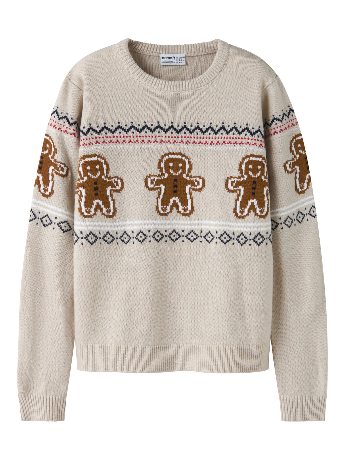 Name It Rismas stickad jultröja barn unisex beige med pepparkaksgubbar och julmönster