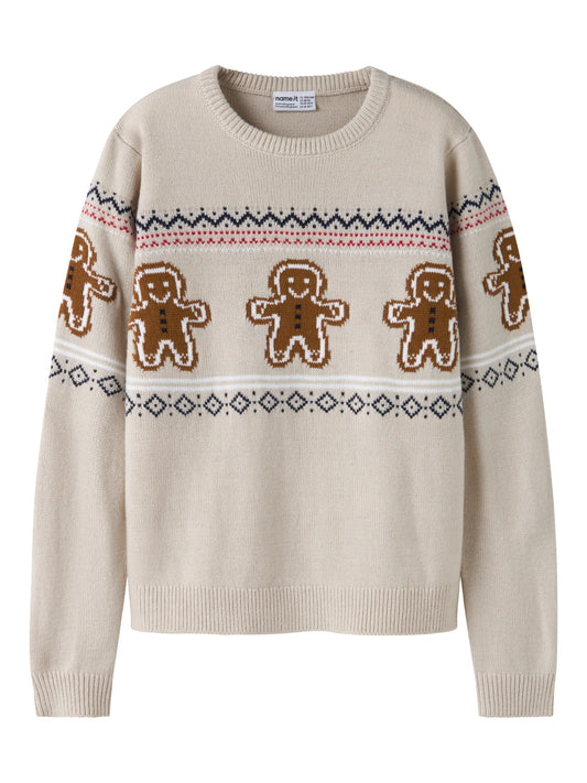 Name It Rismas stickad jultröja barn unisex beige med pepparkaksgubbar och julmönster