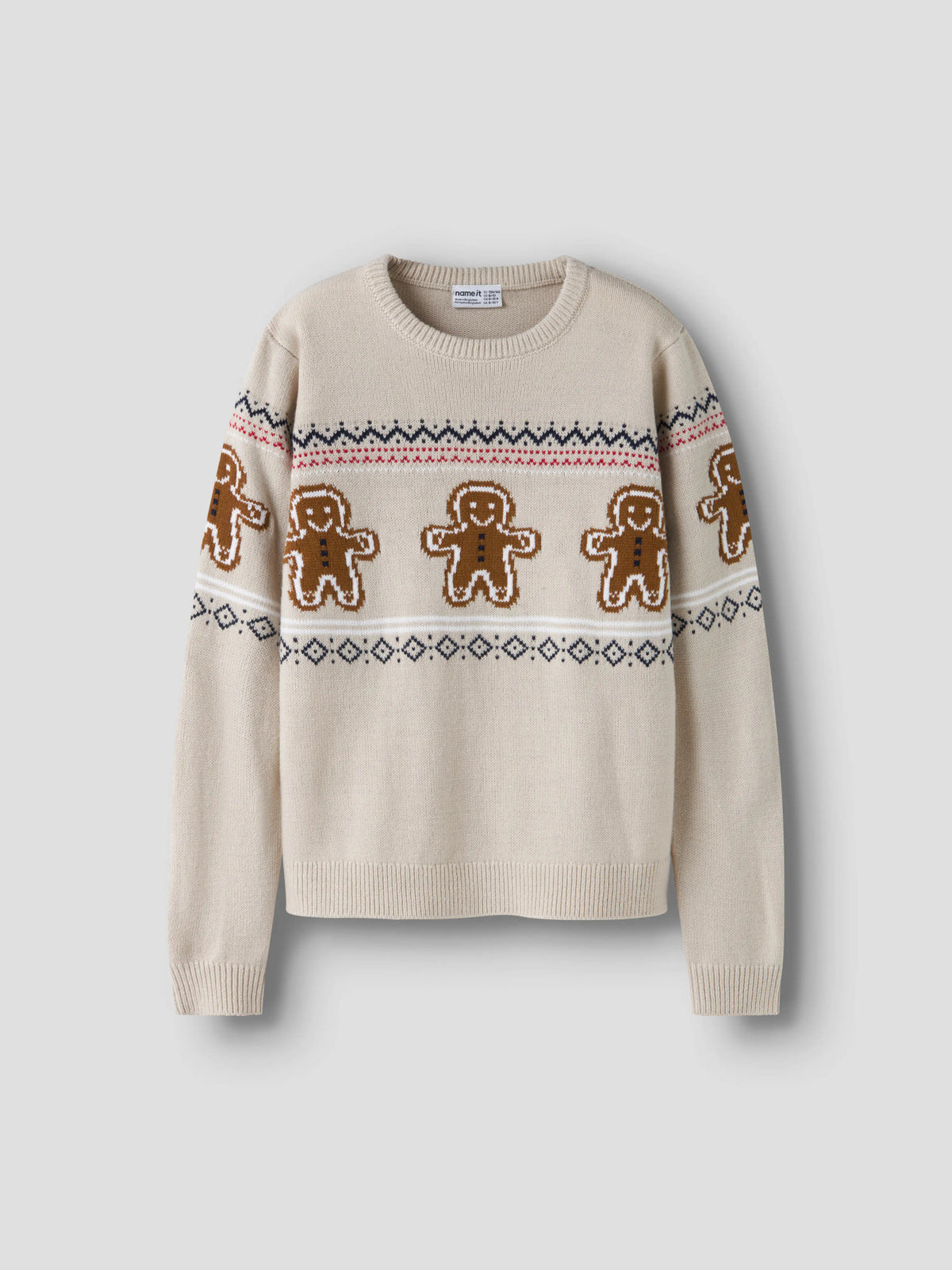 Name It Rismas stickad jultröja barn unisex beige med pepparkaksgubbar och julmönster