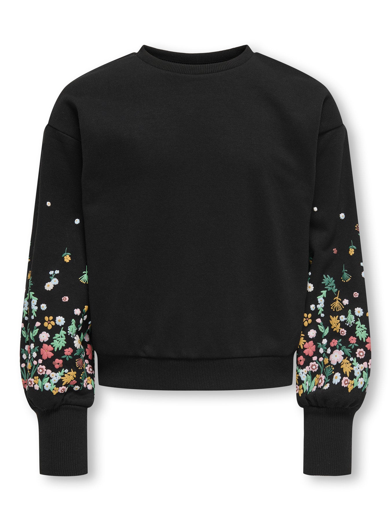 Svart sweatshirt för barn flicka från ONLY Girls med blommiga ärmar.