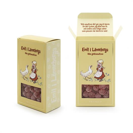 Astrid Lindgren 
Emil i Lönneberga - Idas söta gelésmultron.
Små goda geléhallon med smultron smak. Fantastiskt lördags godis från Franandco
Artnr: 1-157
