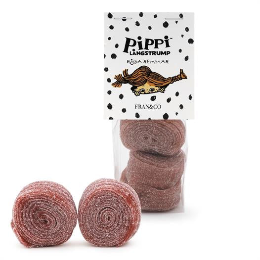 Astrid Lindgren 
Pippi - Röda remmar med jordgubbssmak 110g
Lördagsgodis från Franandco
Artnr:
1-152