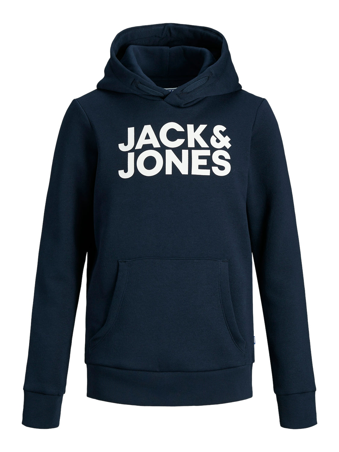 Killtröja med luva med magficka. Hoodie från Jack and Jones i mörk blå färg. Stor logga på bröstet Jackandjones i vitt. Luvtröja med Jack & Jones som coolt print till ungdom kille.