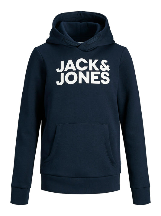 Killtröja med luva med magficka. Hoodie från Jack and Jones i mörk blå färg. Stor logga på bröstet Jackandjones i vitt. Luvtröja med Jack & Jones som coolt print till ungdom kille.