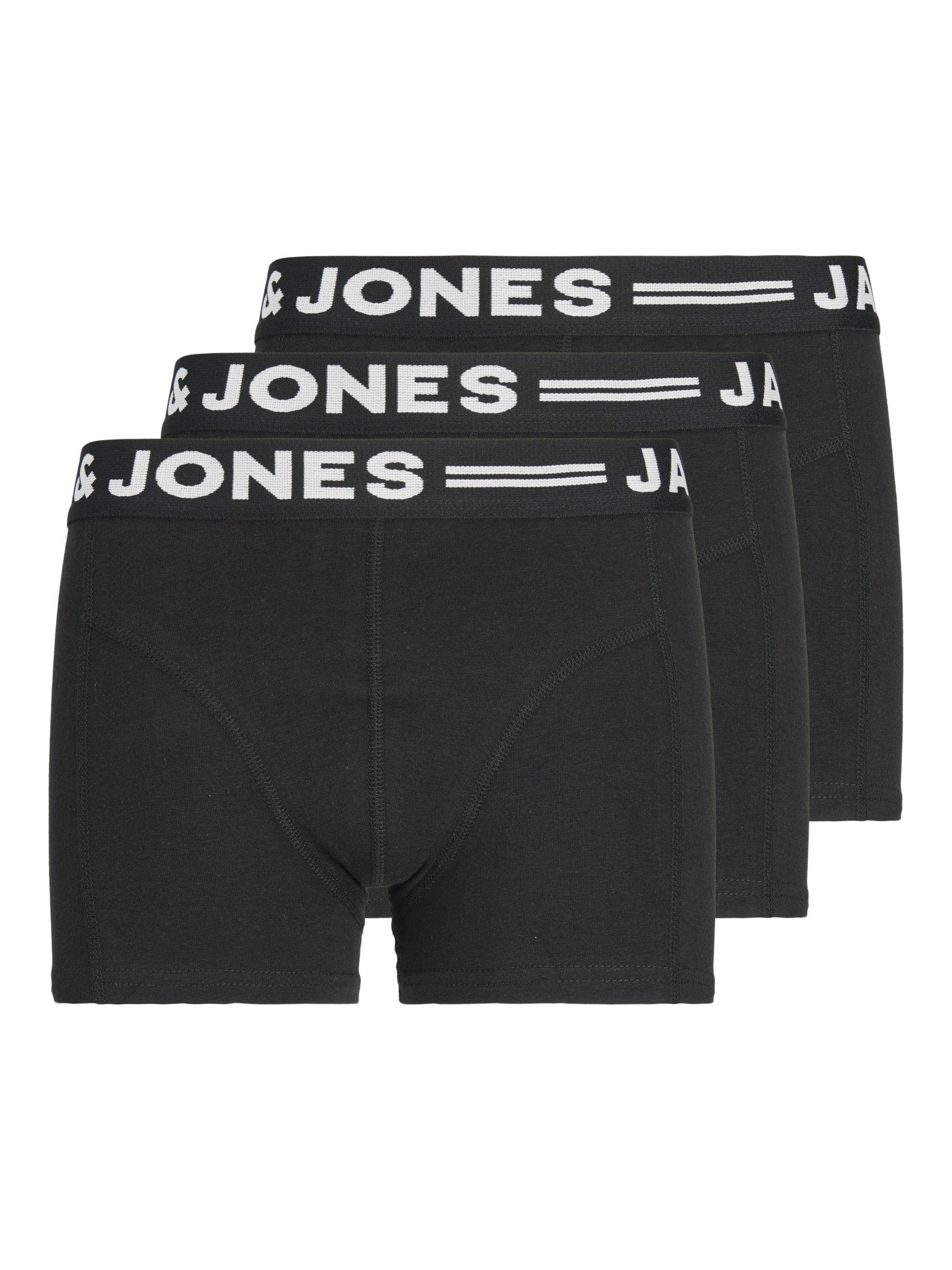 3-Pack boxershorts från Jack & Jones till kille, pojke. Ungdomskläder kalsonger svarta med vit text. 

Klassisk, stilren modell med snyggt print av logga i midjan.