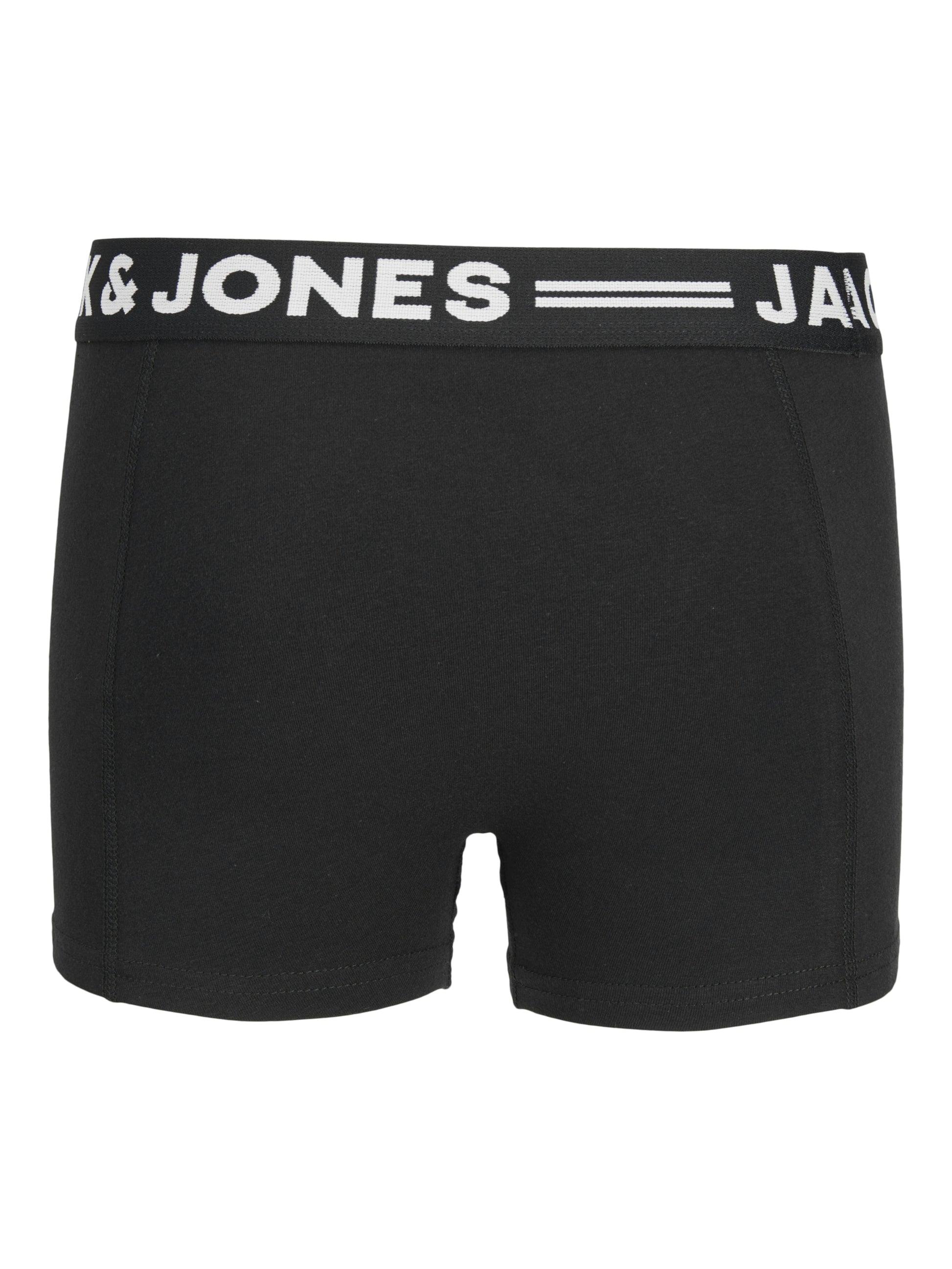 3-Pack boxershorts från Jack & Jones till kille, pojke. Ungdomskläder kalsonger svarta med vit text. 

Klassisk, stilren modell med snyggt print av logga i midjan.