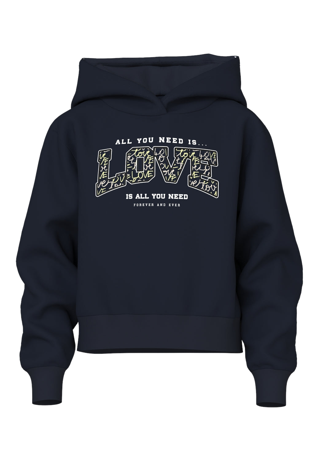 Blå kortare luvtröja med text love till flicka, tjej.

Produkttyp: Sweatshirts
Hals: Hoodie
Ärm: Långa ärmar
Utskrift: Utskrift upprepas över hela ytan av produkten
Passform: Normal passform
Välkommen bekväma och coola sweatshirts till ditt barns garderob och skapa en trendig och avslappnad look. Borstad sweatshirt har en mjuk insida för en bekväm känsla.