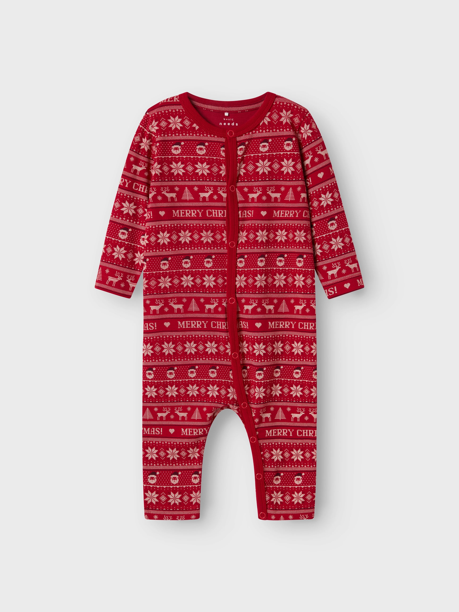 Röd julpyjamas till baby flicka och pojke. Låt första julen bli en mysig  tid tillsammans med din bebis och njut av långa mornar i en skön pyjamas. Babypyjamas med tomtar på.