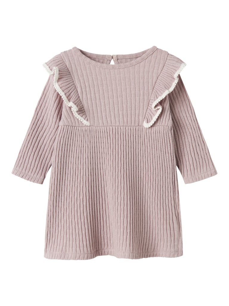 Rosa Baby klänning till flicka. Bebis klänning i ekologisk bomull från Name it. Bebisklänning med volanger vid axlarna.
NBFKOKKO LS DRESS
13244636