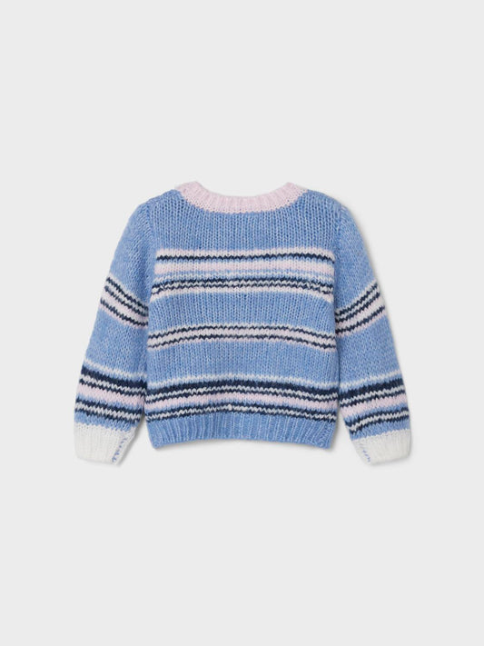 Blå randig stickad tröja med rosa halsringning.&nbsp;

Sätt ihop den perfekta outfiten för ditt barn med kvalitativa vardagsstilar och skapa en bekväm och trendig look. Plattstickning är en plattstickad typ med ett rent och tidlöst utseende.

Produkttyp: Stickad tröja
Hals: O-hals
Ärm: Långa ärmar (L/S)
Muddar: Ribbstickade muddar
Passform: Normal passform
