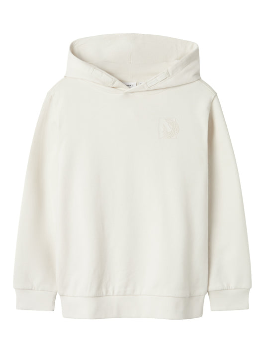 Vit luvtröja med enkel snygg logga på bröstet. Snygg hoodie i ekologisk bomull till kille men passar även bra till tjej.