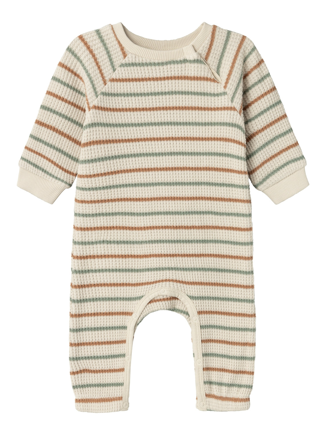 Mysig jumpsuit i våfflig kvalitet som är väldigt mjuk och skön för din baby. Randig, ekologisk baby sparkdräkt till bebis pojke.

Produkttyp: Bodysuit
Stängning: Tryckknapp