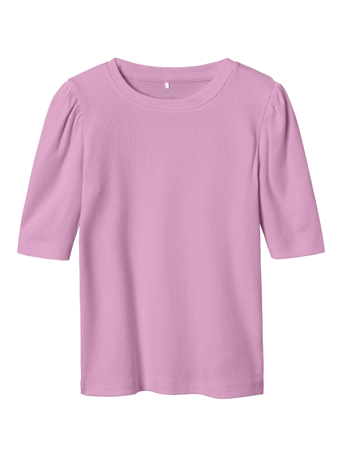 Rosa ribbad topp med kort ärm till flicka, tjej i ekologisk bomull. Produkttyp: T-shirt
Hals: Rund hals
Ärm: 2/4 ärm
Ärmar: Puffärmar
Passform: Slim Fit