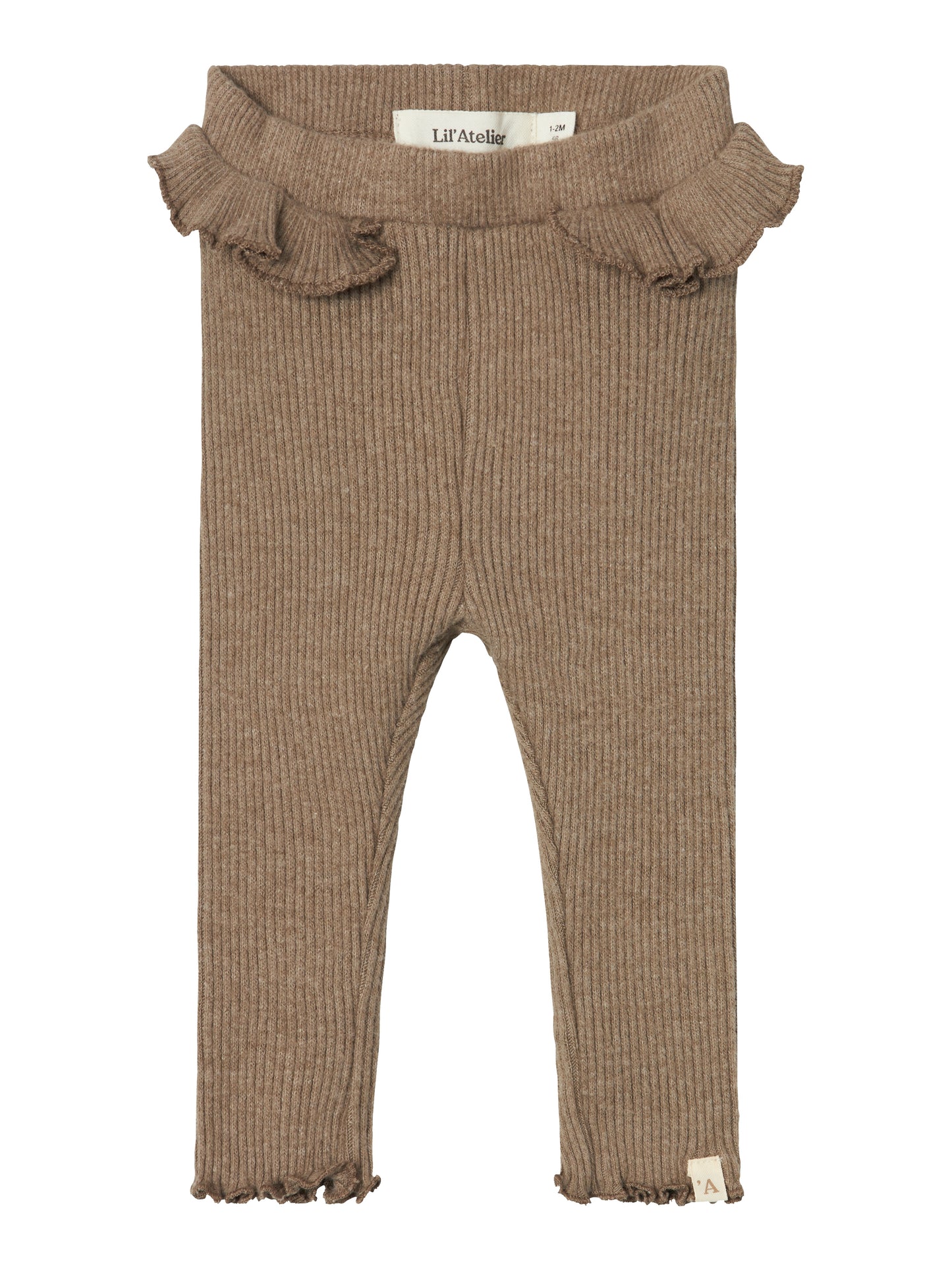 Söt baby byxa i brun ribbad ekologisk kvalitet. Bruna bebis leggings, byxor med volang i midjan för gullig och lite gammaldags stil på kläderna. Lil 'Atelier NBFSOPHIA