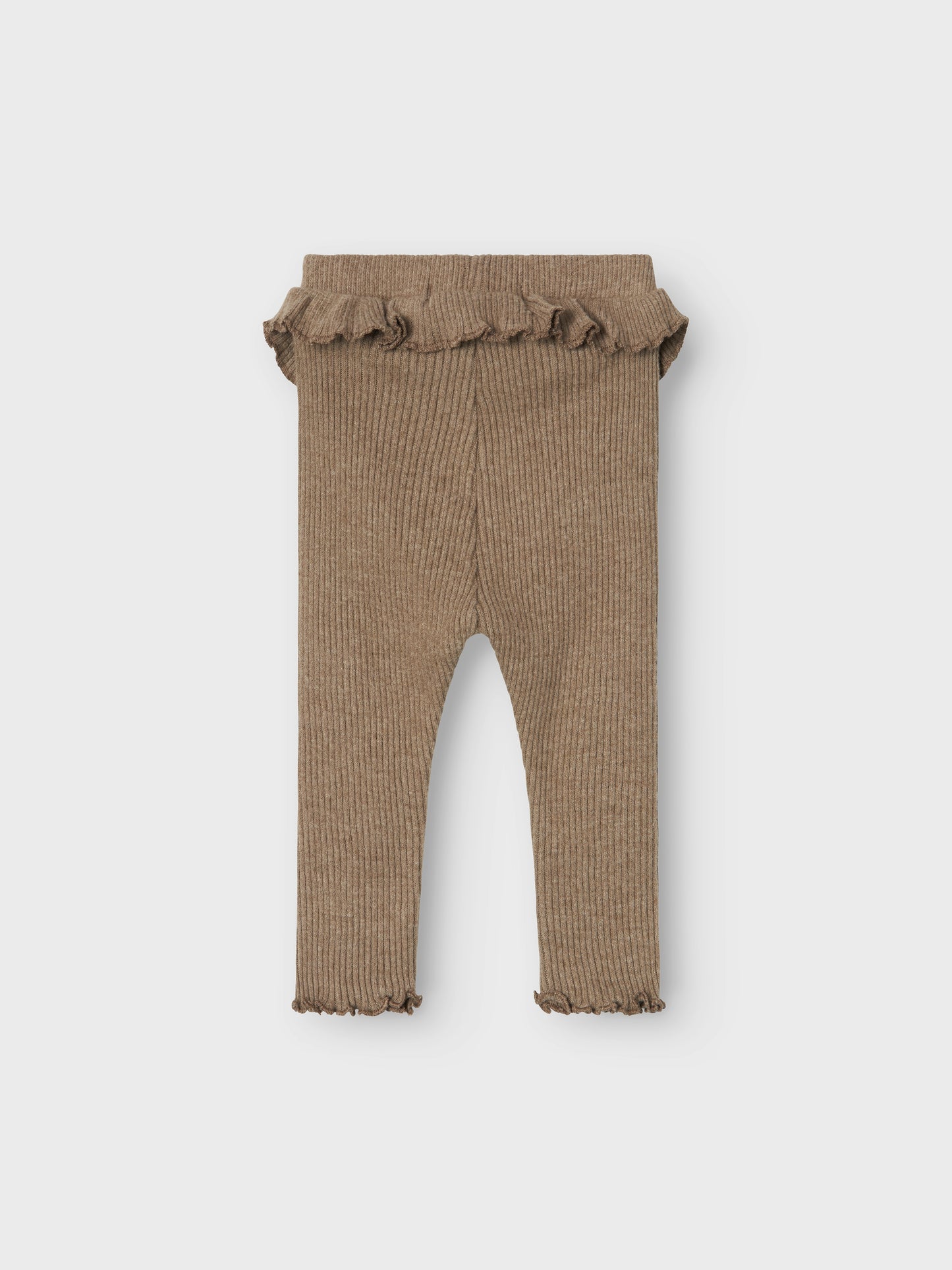 Söt baby byxa i brun ribbad ekologisk kvalitet. Bruna bebis leggings, byxor med volang i midjan för gullig och lite gammaldags stil på kläderna. Lil 'Atelier NBFSOPHIA