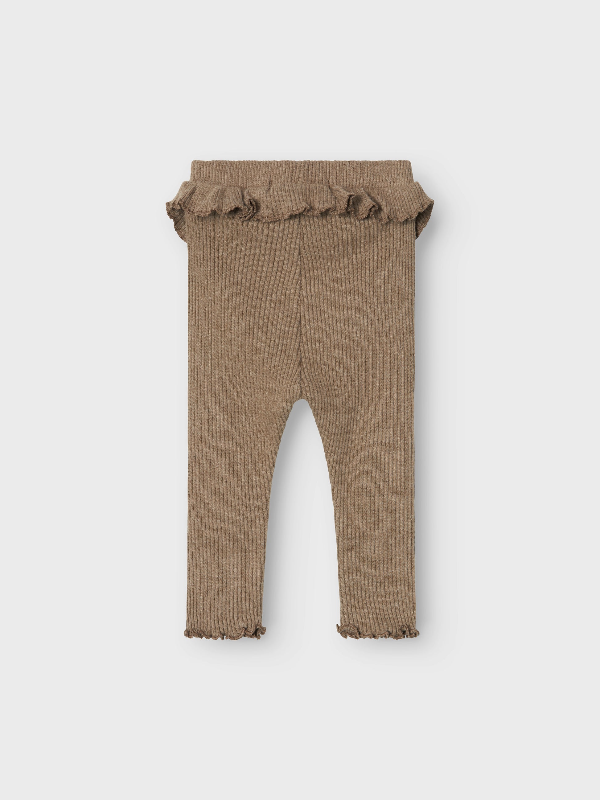 Söt baby byxa i brun ribbad ekologisk kvalitet. Bruna bebis leggings, byxor med volang i midjan för gullig och lite gammaldags stil på kläderna. Lil 'Atelier NBFSOPHIA