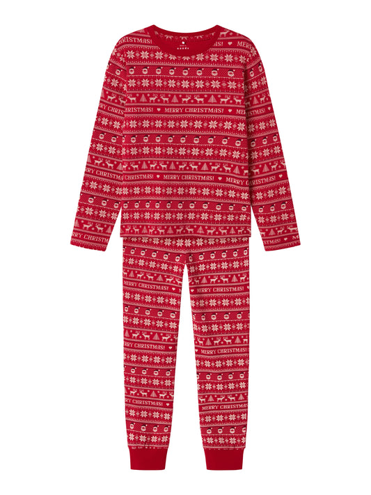 Röd julig pyjamas med byxa och tröja. Julpyjamas i klassiskt jul mönster för den som vill vakna med den rätta känslan hela julen. Pyjamas till barn och ungdom, kille, tjej, pojke och flicka.