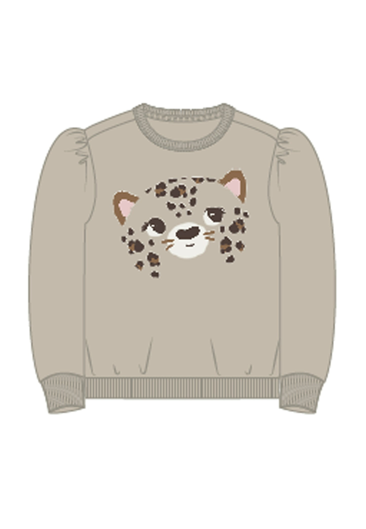 Beige sweatshirt tröja med söt leopard på bröstet. Långärmad topp i ekologisk bomull som är mjuk och skön och passar utmärkt när din flicka, tjej leker.

Produkttyp: Sweatshirts
Hals: Rund hals
Ärm: Långa ärmar
Ärmar: Puffärmar
Muddar: Ribbstickade muddar
Extra detaljer: Ribbkant
Tryck : Pigmenttryck för ett mjukt tryck på lättare tyger
Passform: Normal passform
Fästkomp: Bomull

Skapa en trendig och avslappnad look. Borstad sweat