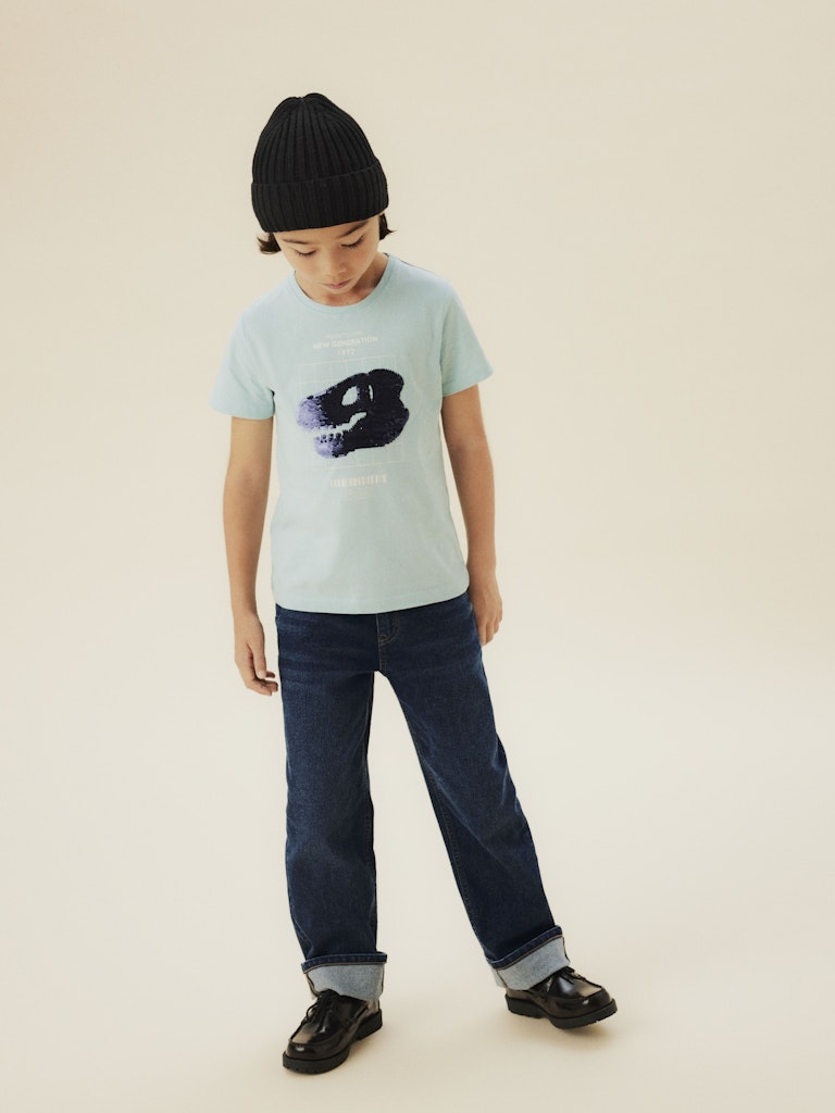 Ljus blå t-shirt med flip paljetter till kille i ekologisk bomull från Name it. Dino, huvud kortärmad tröja.
NKMKURTH SS TOP PB
13244910