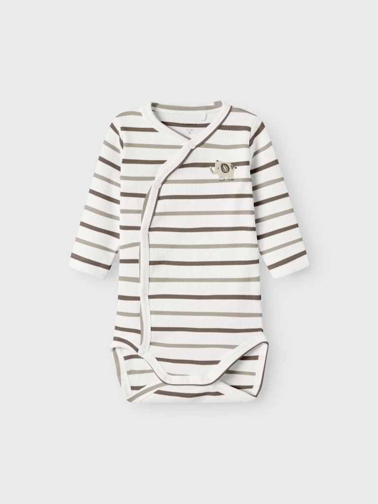 Vit randig omlott body till baby pojke och bebis flicka. Nyfödd neutral body med  elefant tillverkad i ekologisk bomull.
NBNOFANT LS WRAP BODY
13246745