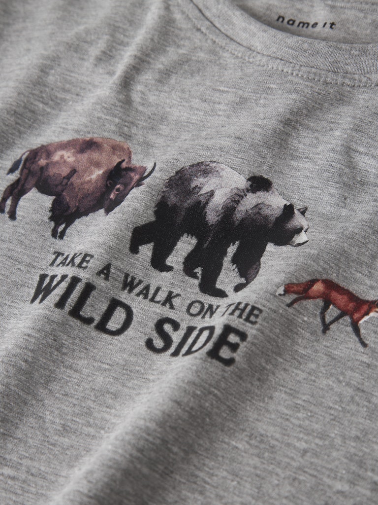 Grå långärmad t-shirt med motiv av björn och räv till pojke. Ekologisk tröja från Name it.
NMMORIS LS NREG TOP BOX
13247936