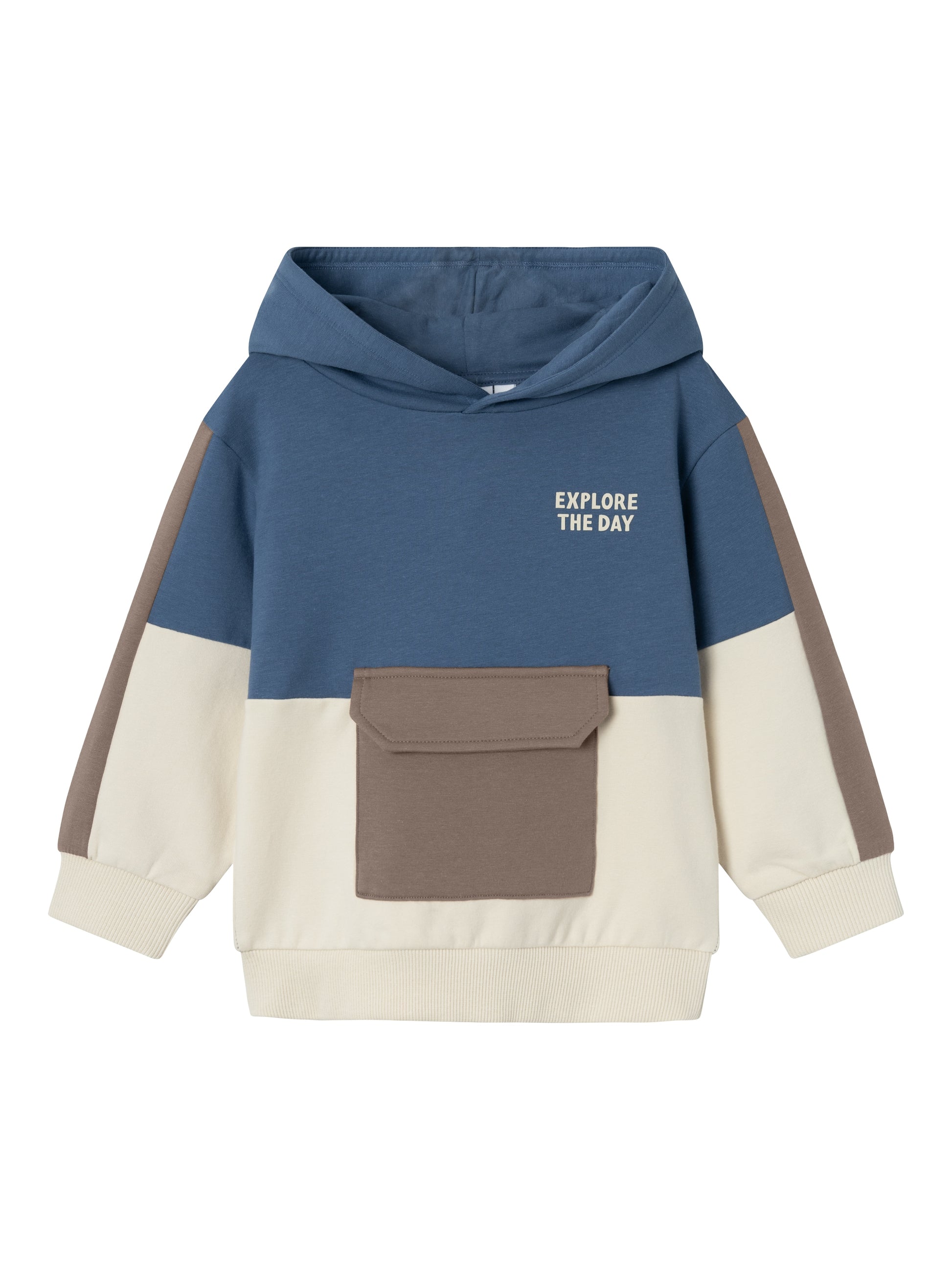 Snygg blå beige luvtröja till liten kille, pojke. Barn tröja hoodie med stor ficka på magen i ekologisk bomull.