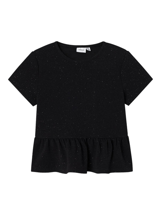 Mjuk, härlig Peplum tröja i svart med glitter till flicka, tjej. 
Gör ditt barn redo för alla festliga evenemang eller speciella tillfällen året runt med roliga och glamorösa feststilar. Heavy jersey är en mer voluminös typ av jersey med en snygg drapering och ett rent utseende.

Produkttyp: Topp
Hals: Rund hals
Ärm: Långa ärmar
Extra detaljer : Glitterdetalj, Peplumdetalj
Utskrift: Utskrift upprepas över hela ytan av produkten
Passform: Normal passform