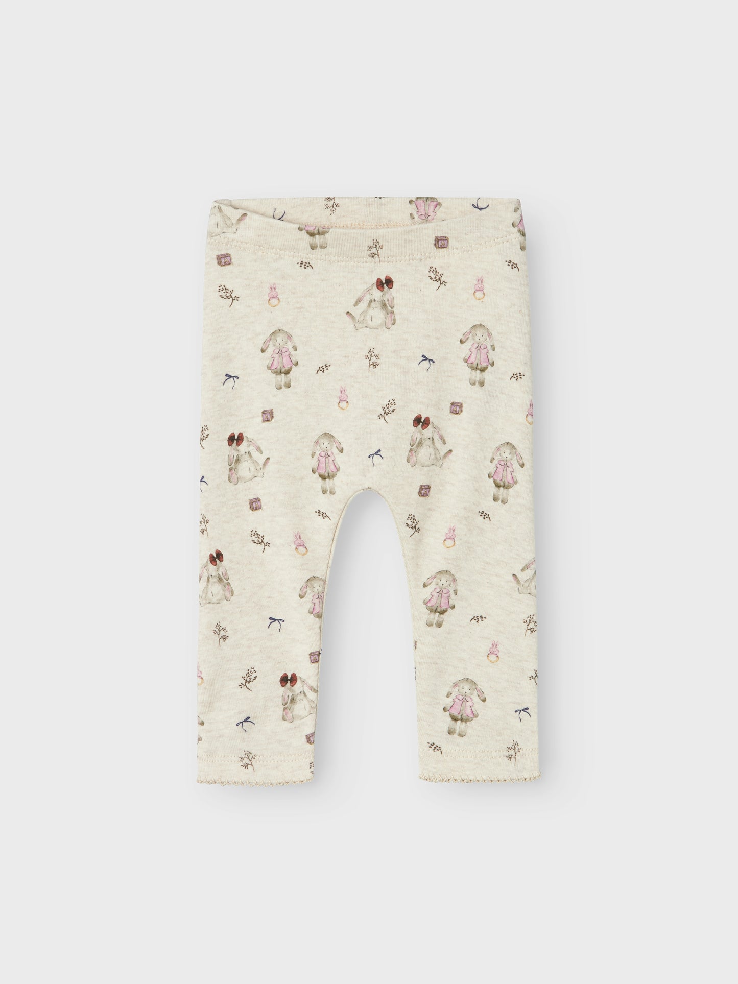 Söt baby byxa med beige botten och söta små kaniner överallt. Ekologisk bebis leggings till liten flicka, tjej.