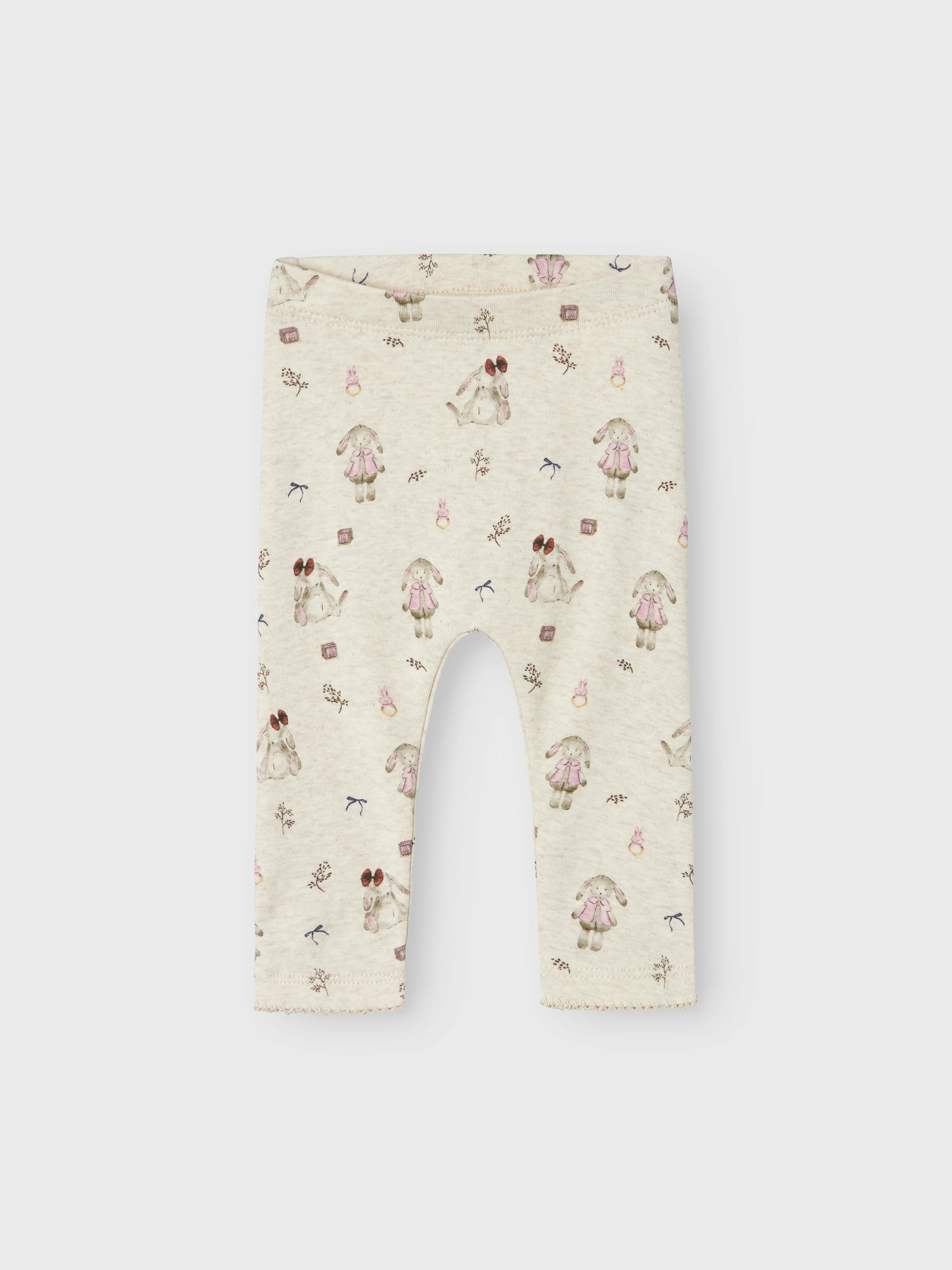 Söt baby byxa med beige botten och söta små kaniner överallt. Ekologisk bebis leggings till liten flicka, tjej.