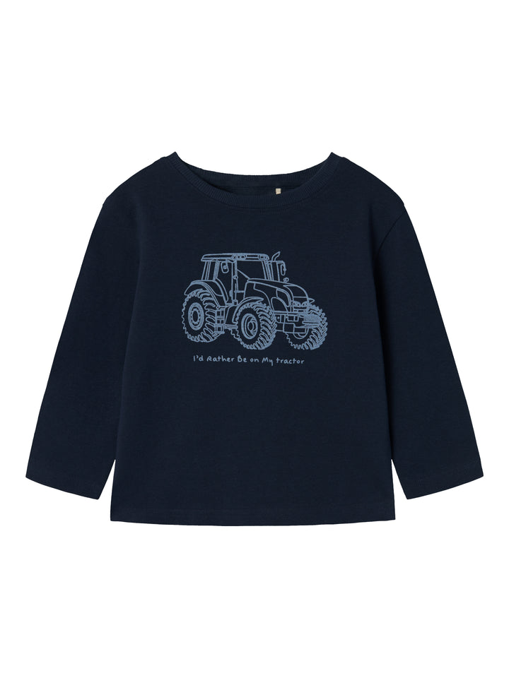 Ekologisk blå traktor tröja till liten pojke, kille. Långärmad t-shirt från Name it till barn.