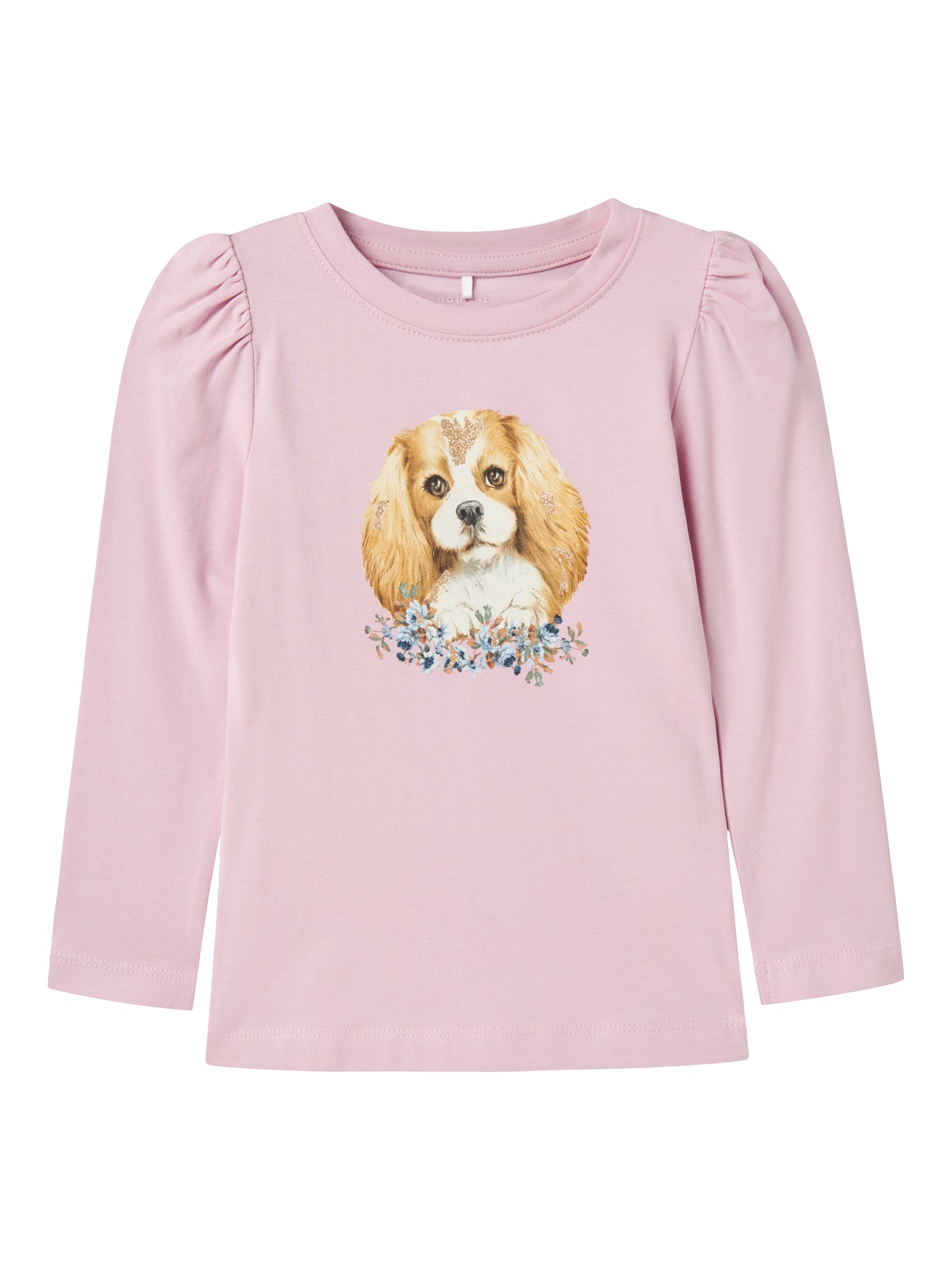 Söt rosa tröja i ekologisk bomull med gullig hund på magen. Fin långärmad t-shirt till flicka, tjej.