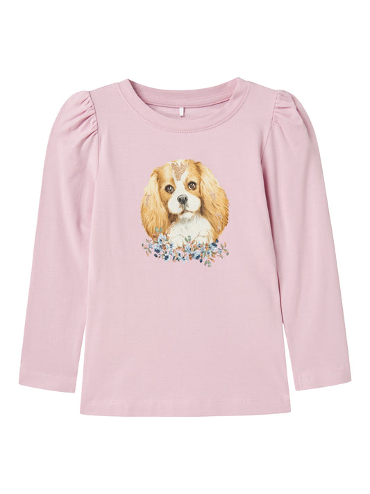 Söt rosa tröja i ekologisk bomull med gullig hund på magen. Fin långärmad t-shirt till flicka, tjej.