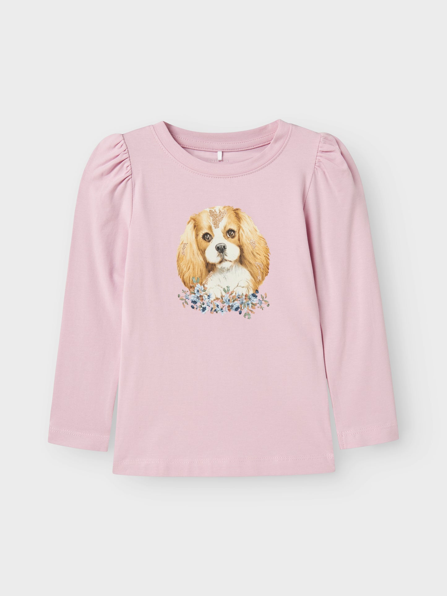 Söt rosa tröja i ekologisk bomull med gullig hund på magen. Fin långärmad t-shirt till flicka, tjej.