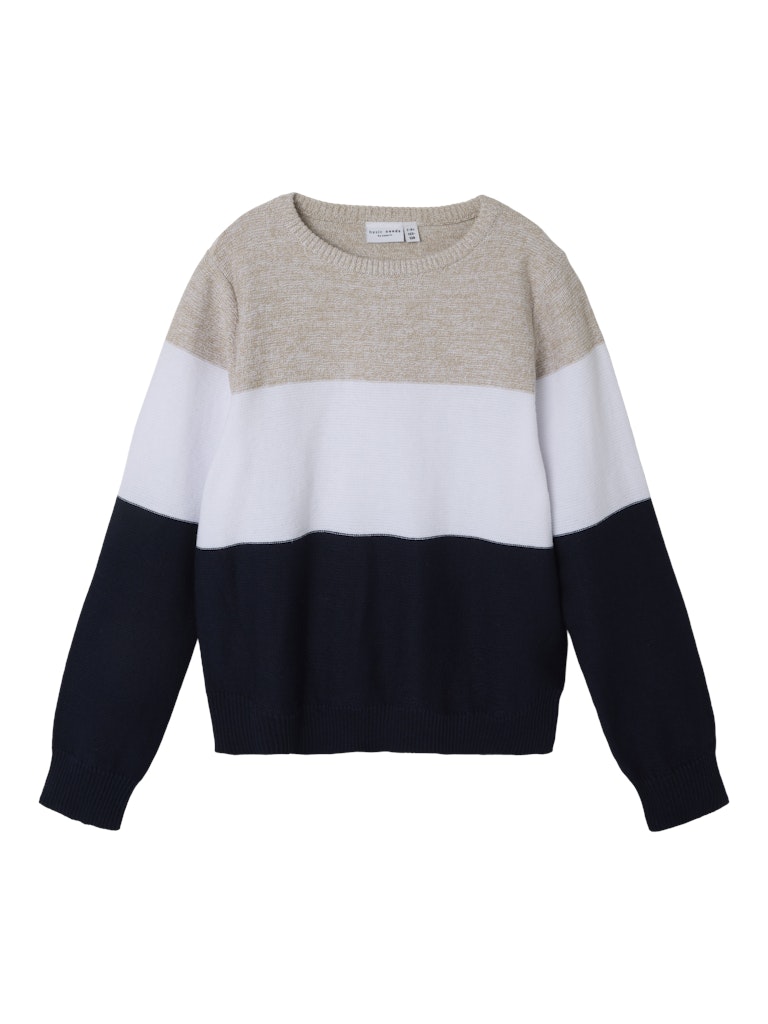 Block randig fin stickad tröja till pojke. Långärmad tröja i blå, beige och vit stickad bomulls modell.
NKMVOHAN LS KNIT
13234304