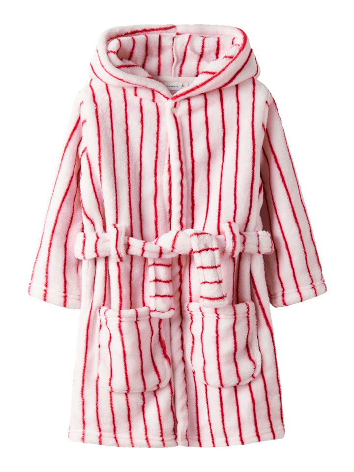 Röd och vit randig lurvig fleece morgonrock till liten flicka, tjej. Velour badrock till barn i mjukaste, skönaste fleece från Name it, 
13235865, NMFROSE