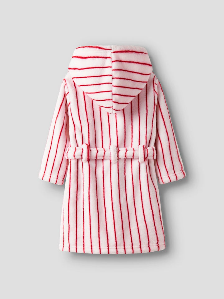 Röd randig lurvig fleece morgonrock till liten flicka, tjej. Velour badrock till barn i mjukaste, skönaste fleece från Name it, 
13235865, NMFROSE