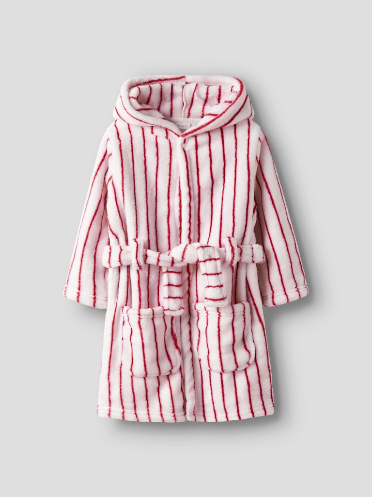 Röd randig lurvig fleece morgonrock till liten flicka, tjej. Velour badrock till barn i mjukaste, skönaste fleece från Name it, 
13235865, NMFROSE