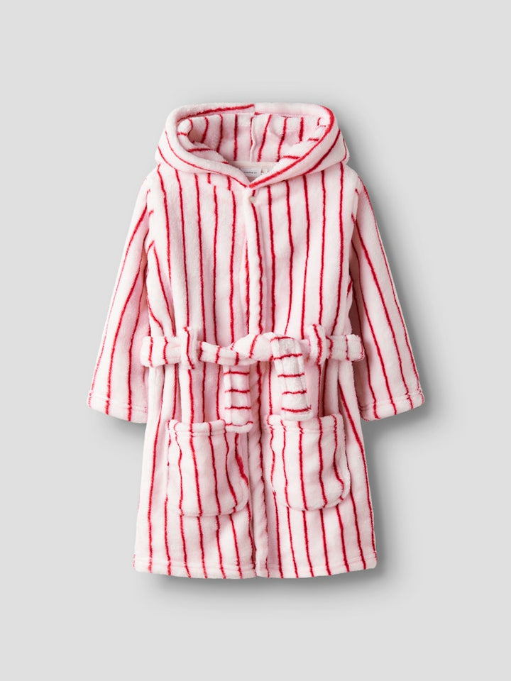 Röd randig lurvig fleece morgonrock till liten flicka, tjej. Velour badrock till barn i mjukaste, skönaste fleece från Name it, 
13235865, NMFROSE