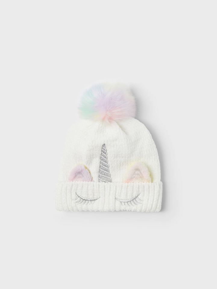 Vit unicorn mössa med regnbåge färgad tofs. Söt vintermössa med fleece foder till flicka. 
NMFMETEA KNIT BEANIE2
13245393