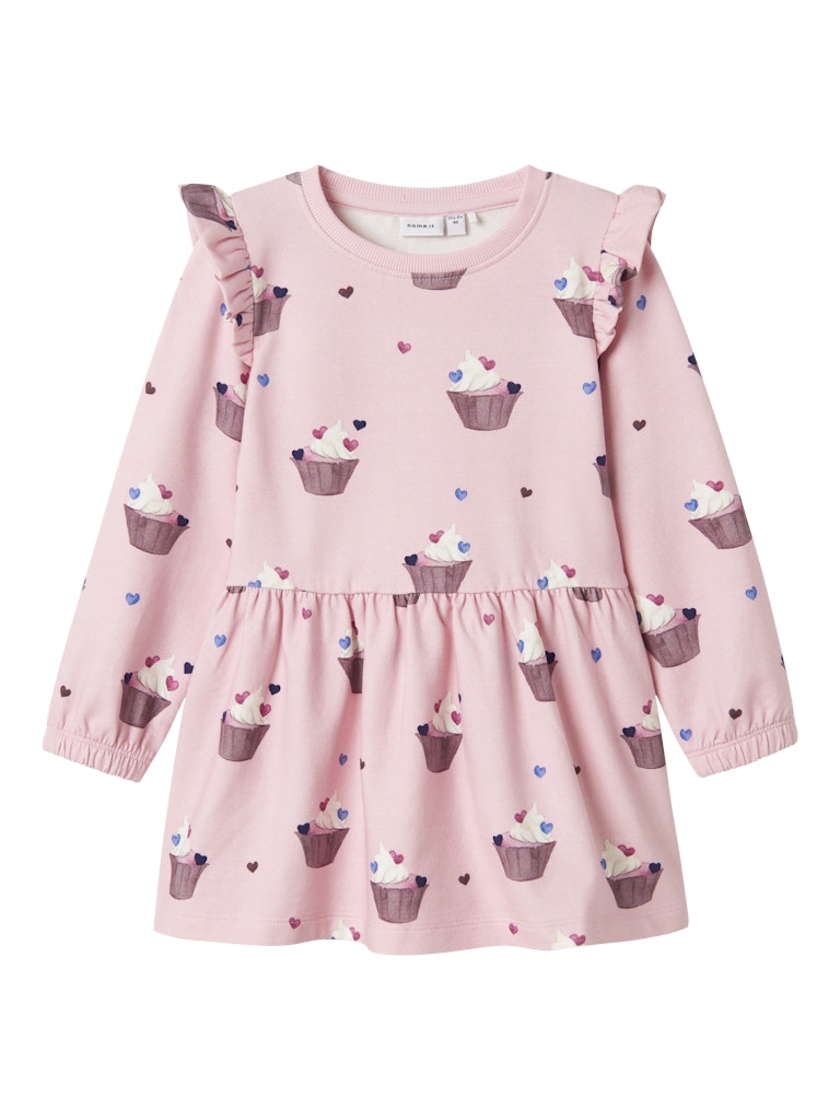 Rosa klänning till flicka. Ekologiska barnkläder, söt klänning med hjärtan och cupcakes. 
NMFNAYA SWEAT DRESS BRU
13246635