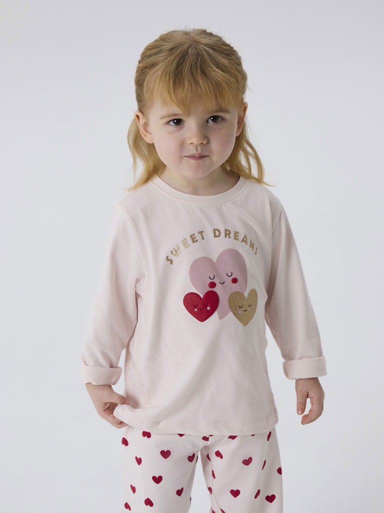 Söt hjärtan pyjamas till liten flicka. Mönstrad rosa pyjamas från Nameit i ekologisk bomull.
NMFRAGNA NIGHT SET BOX
13249385