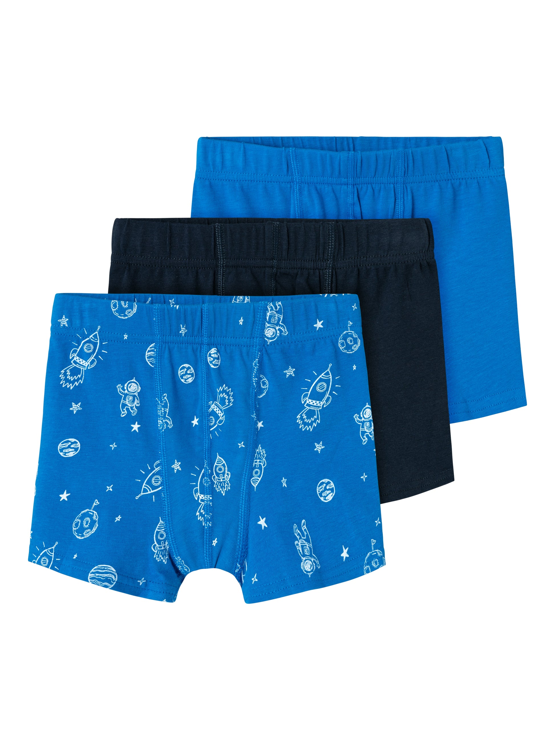 Barn kalsonger i boxershorts modell. 3-pack kallingar i blå färg med rymdraketer.