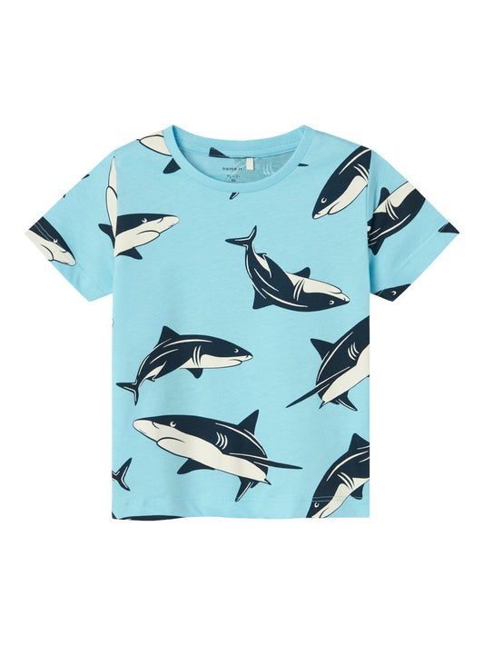 Blå t-shirt för pojkar med hajar på