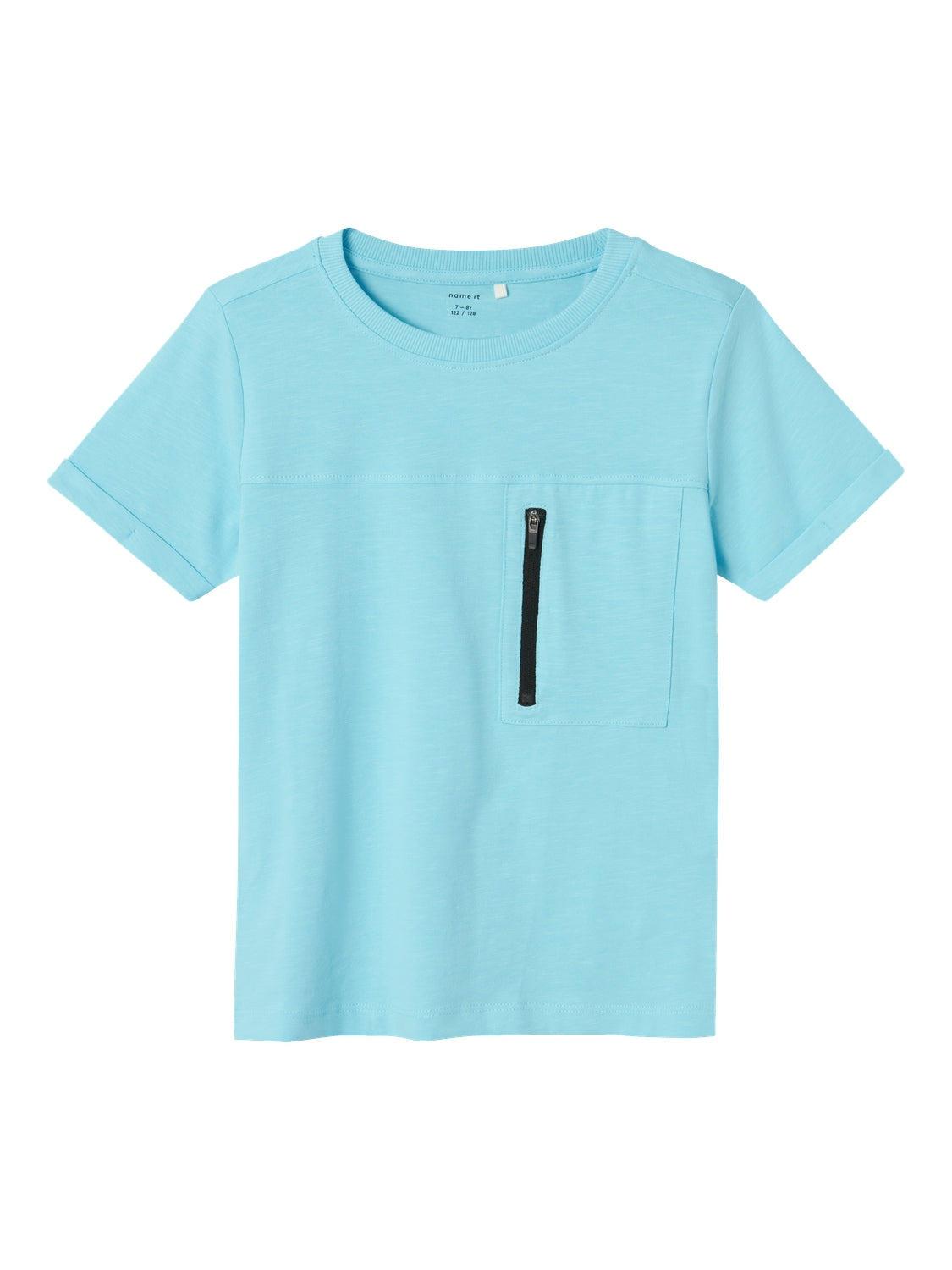 Enfärgad blå t-shirt med bröstficka till pojkar
