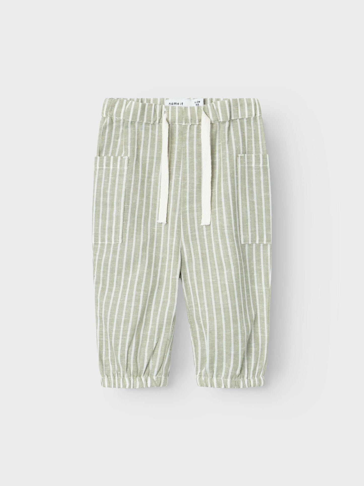 Randiga linnebyxor till bebis i grönt och vitt. Superfina favorit byxa till din lilla baby.