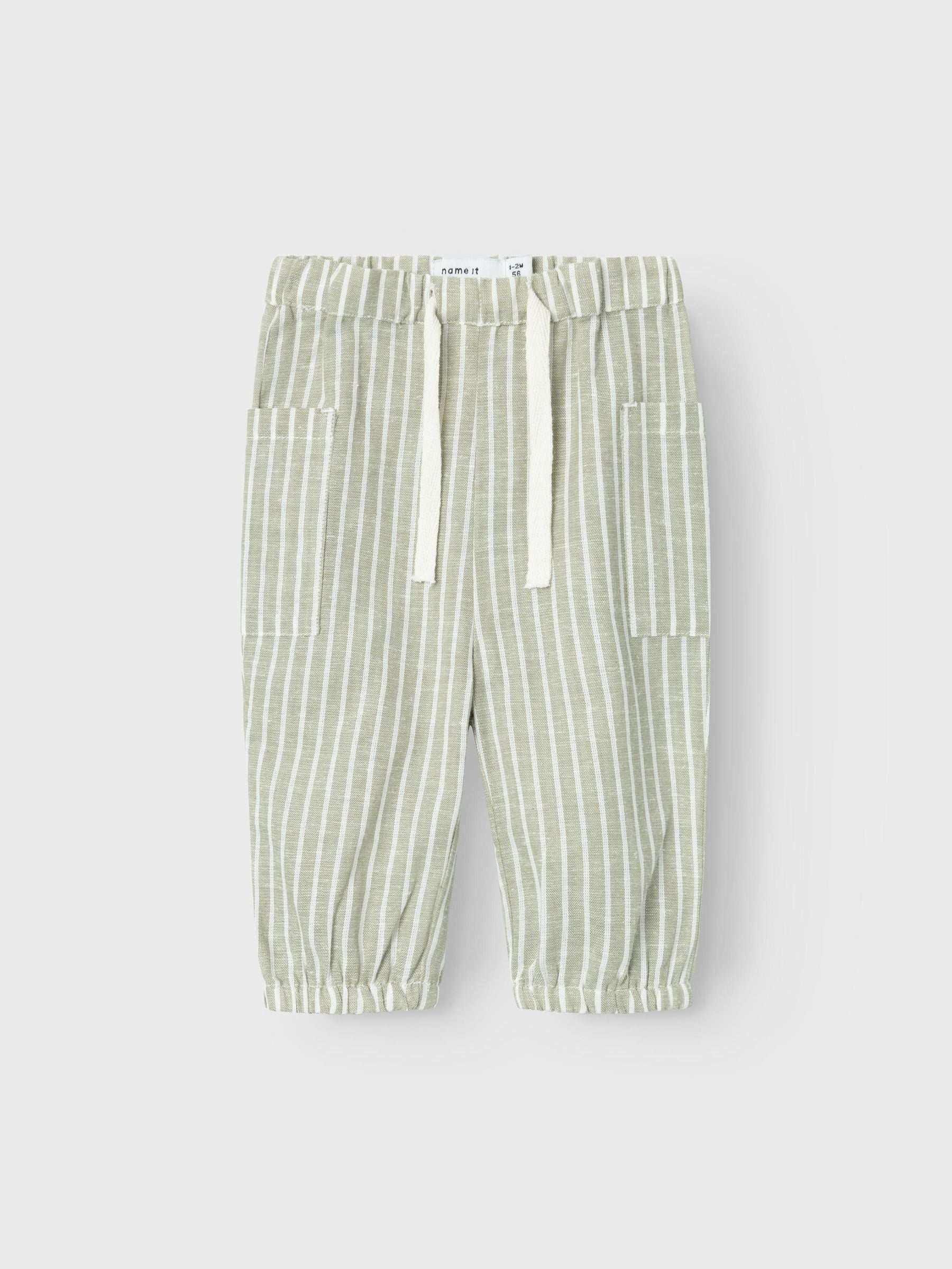 Randiga linnebyxor till bebis i grönt och vitt. Superfina favorit byxa till din lilla baby.